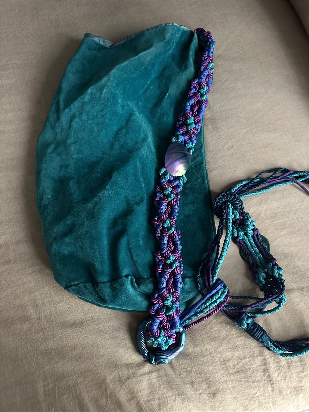 Vi rage Teal Velvet Drawstring Shoulder Bag with Braided Purple-Teal Strap
